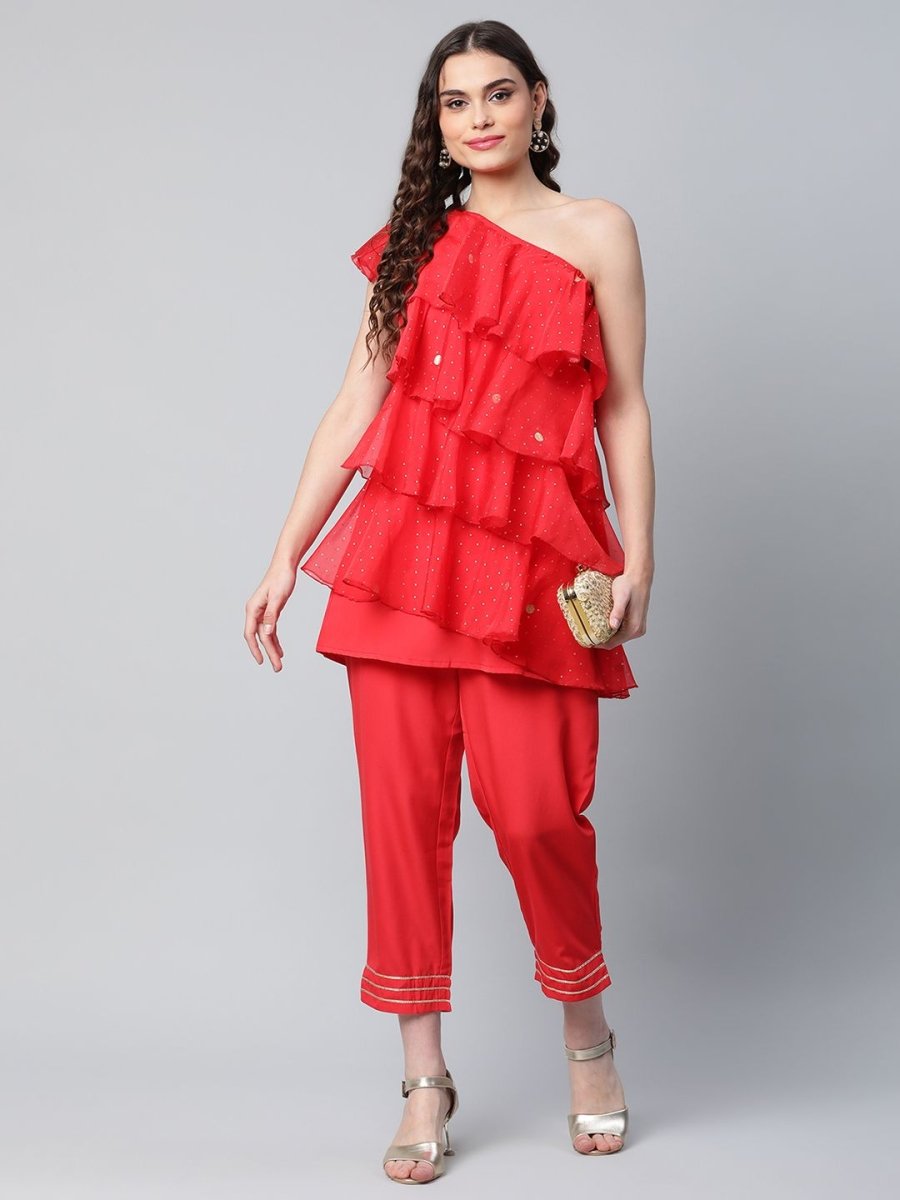 Ahalyaa Women Red Printed Layered Top with Trousers