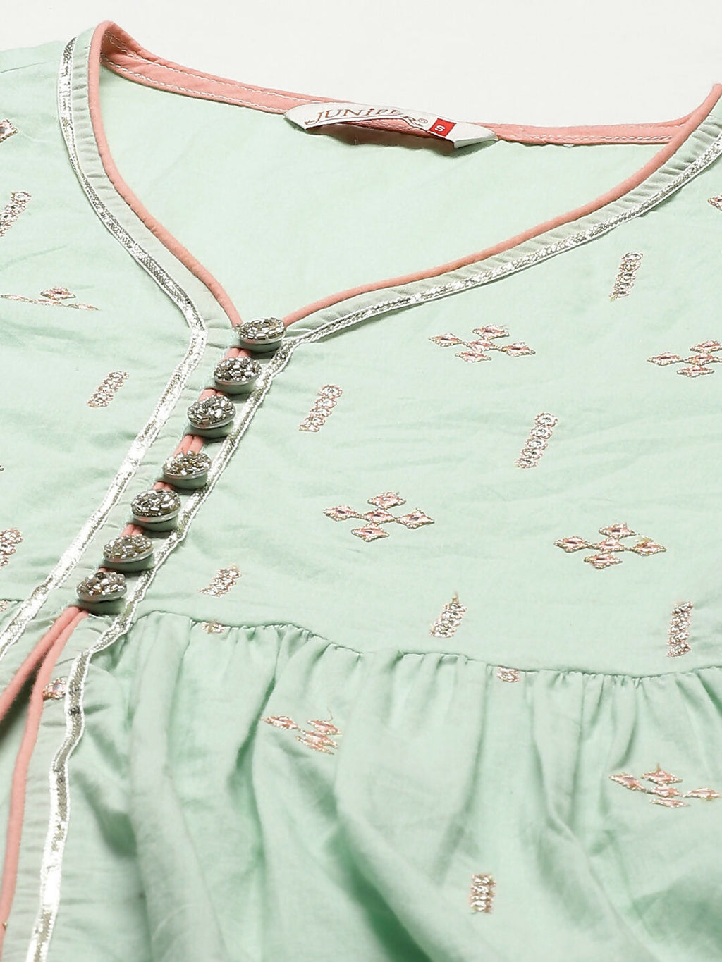 Juniper Pista Green Thread Embroidered Kurta Palazzo & Cotton Dupatta Set