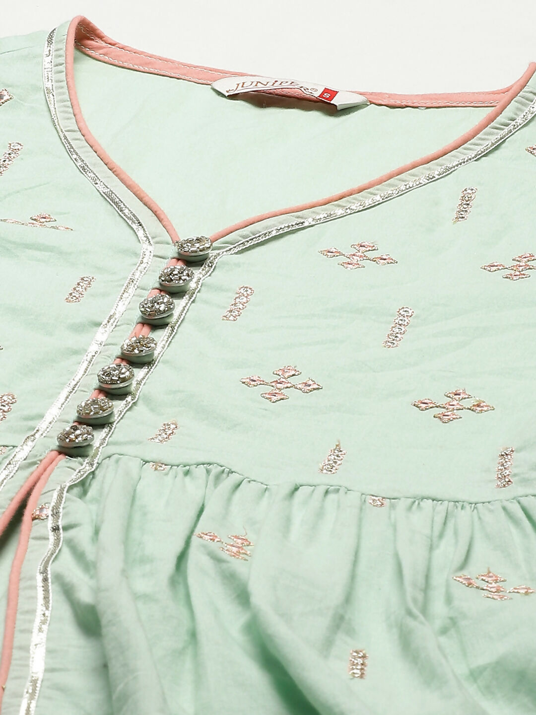 Juniper Pista Green Thread Embroidered Kurta Palazzo & Cotton Dupatta Set