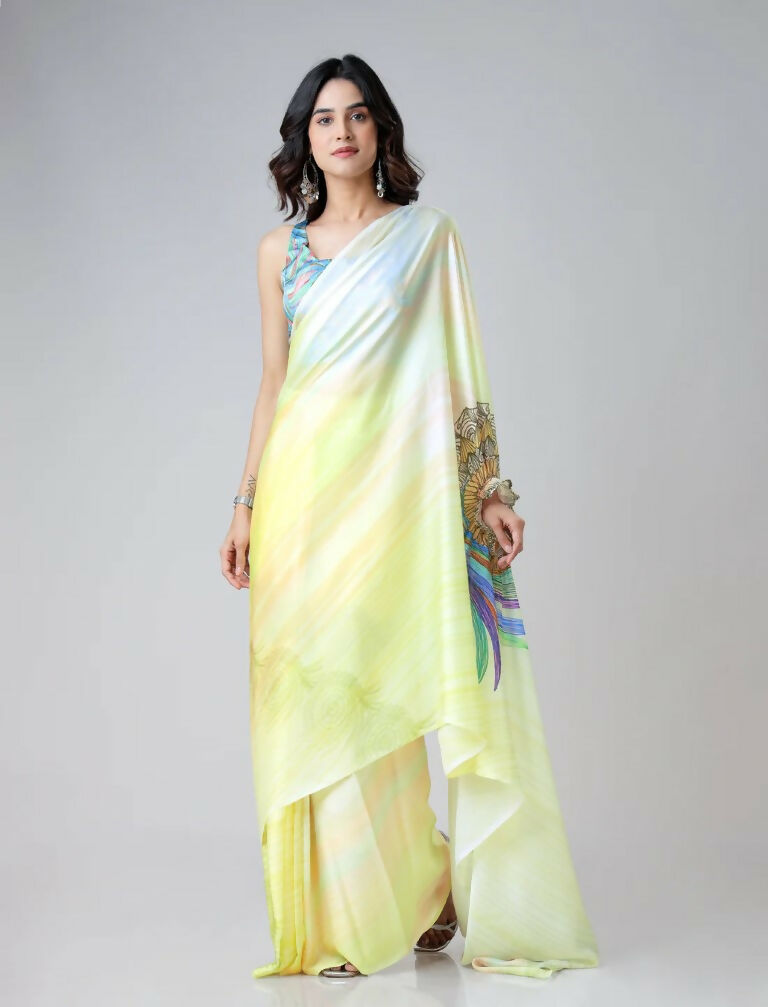 Vastranavya Ombre Yellow Multi-Color Leaves Mandalaa Print Freehand Ready to Wear Saree