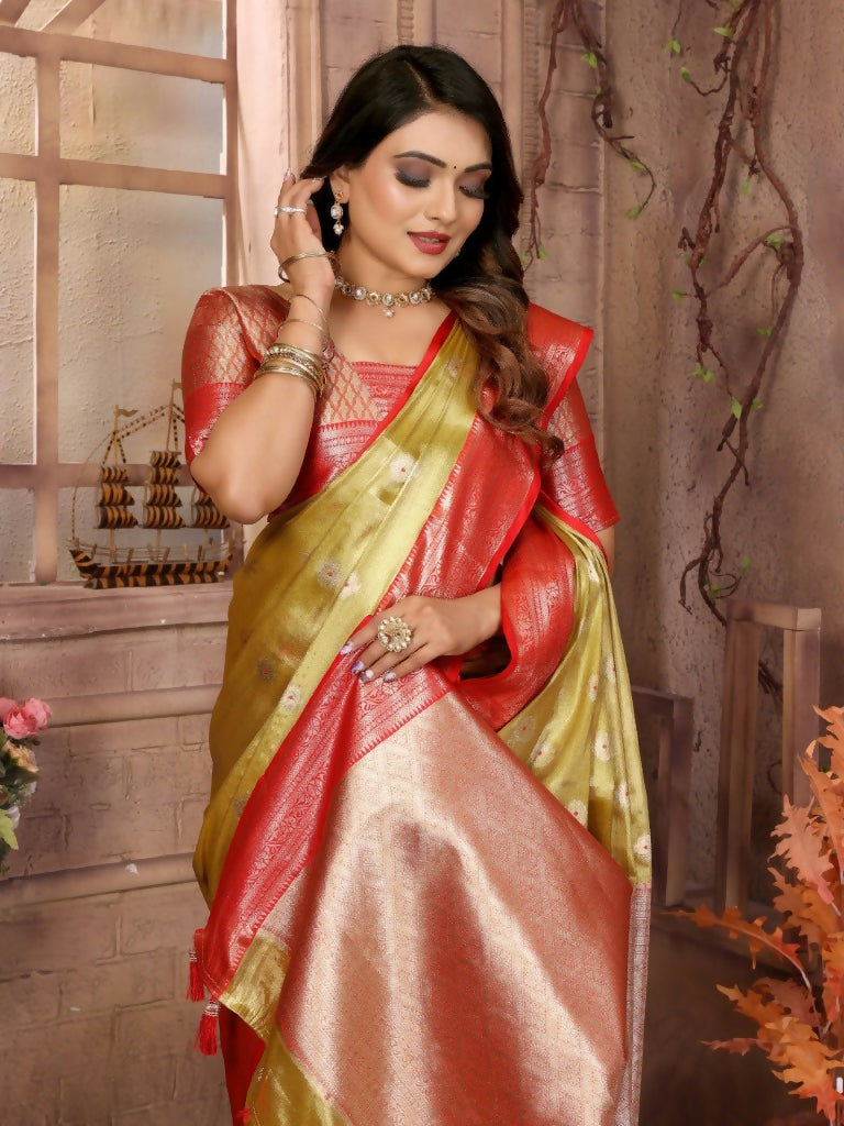 Anaita Golden Tissue Silk With Zari Weaving Saree With Blouse