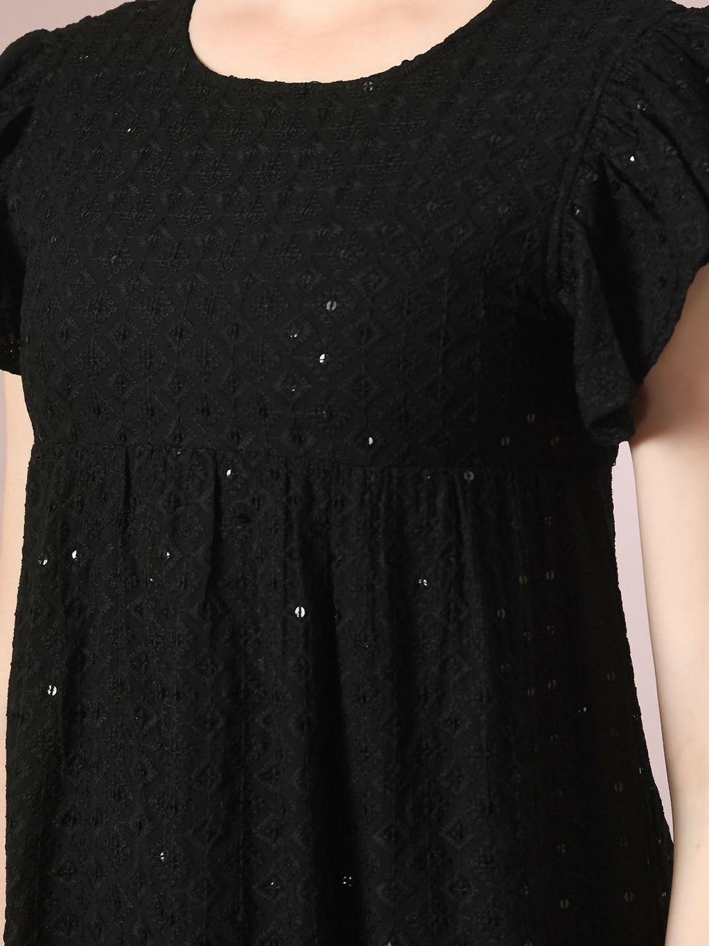 Myshka Women's Black Embroidered Cotton Round Neck A-Line Party Dress