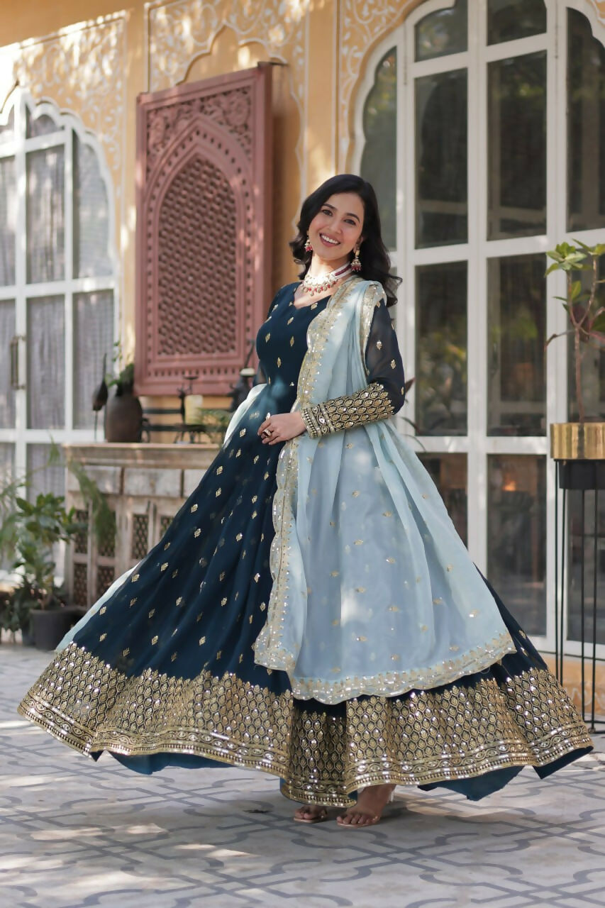 Vastranavya Premium Designer Faux Blooming with Embroidery Zari Sequins work Gown - Teal