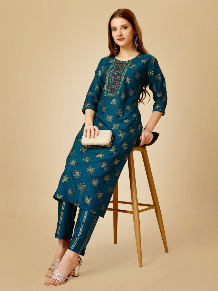 Jyoti Fashion Women's Navy Blue Viscose Rayon Embroidered Kurta Pant Set