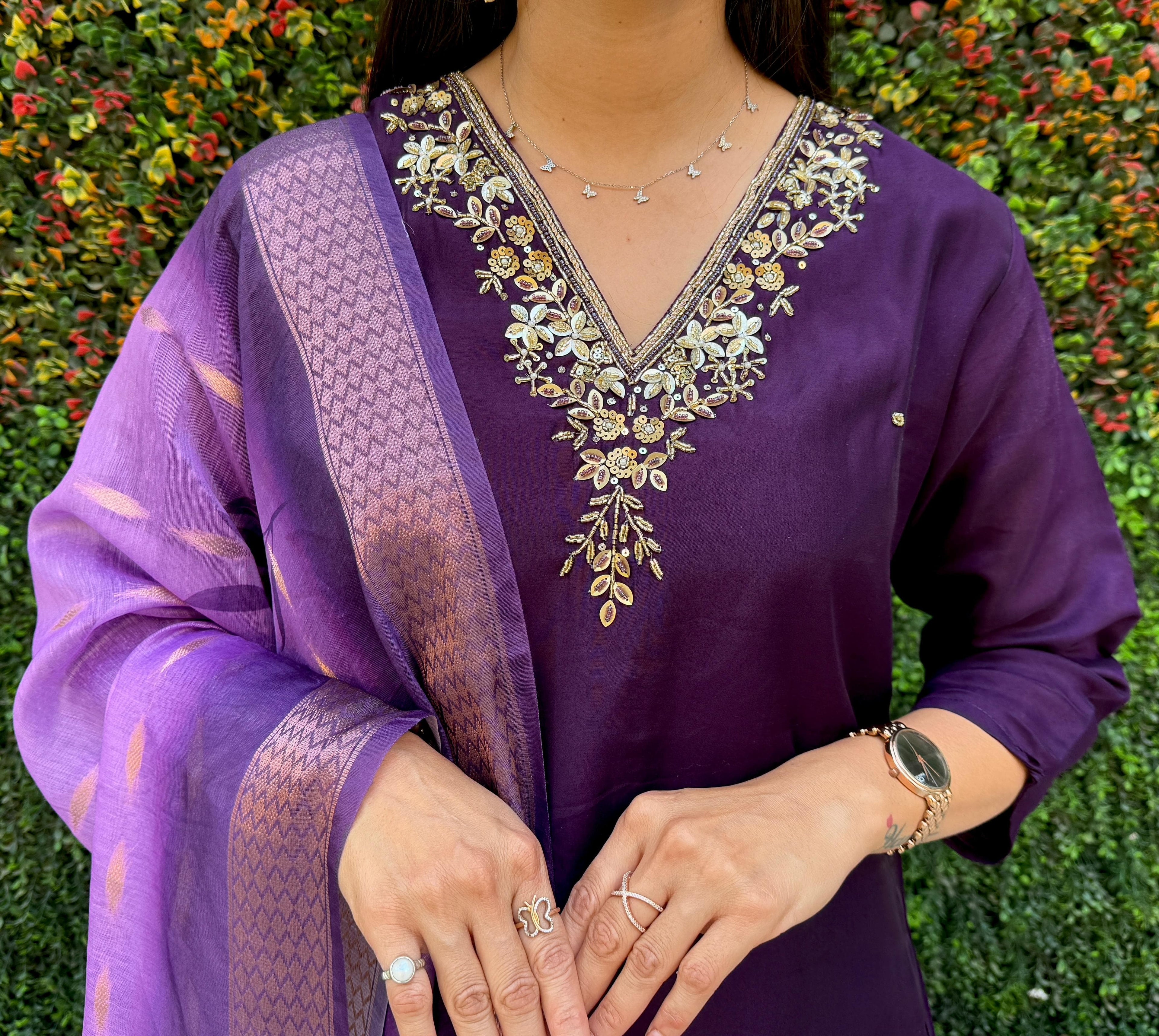 Vedant Vastram Kurta Pant Set With Dupatta Having Beautiful Handwork - Violet
