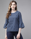 Indo Era Blue Floral Printed Straight Kurti