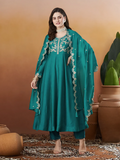 The52 Rama Women's Beautiful Vichitra Silk Fabric Embroidered Work Flared Anarkali Pant and Dupatta Set