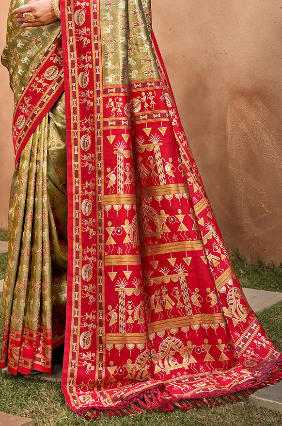 Sangam Prints Beige Kanjivaram Silk Woven Work Traditional Saree
