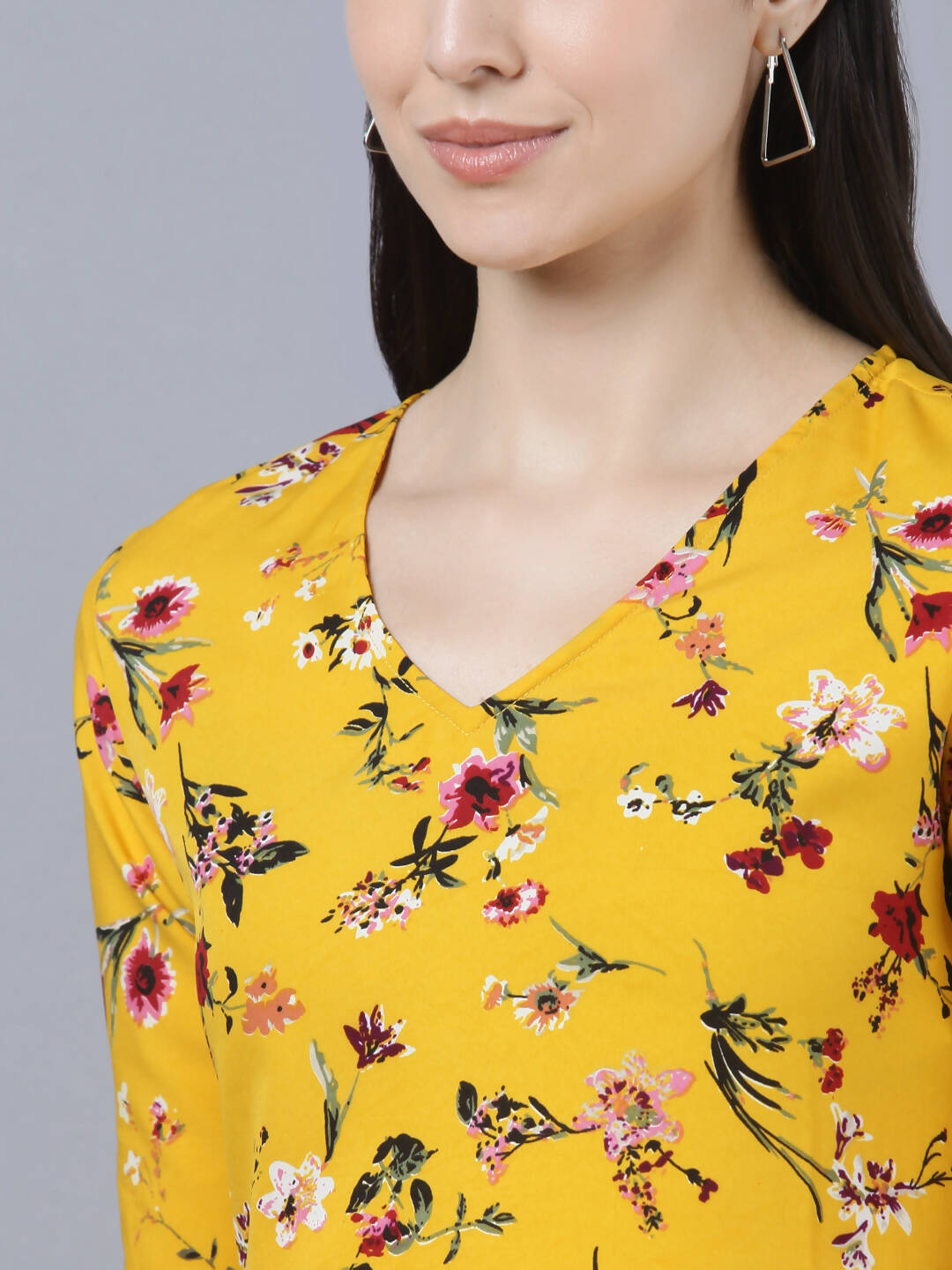 Myshka Women Yellow Floral Printed Flared Sleeves Thread Work Crepe Kurta