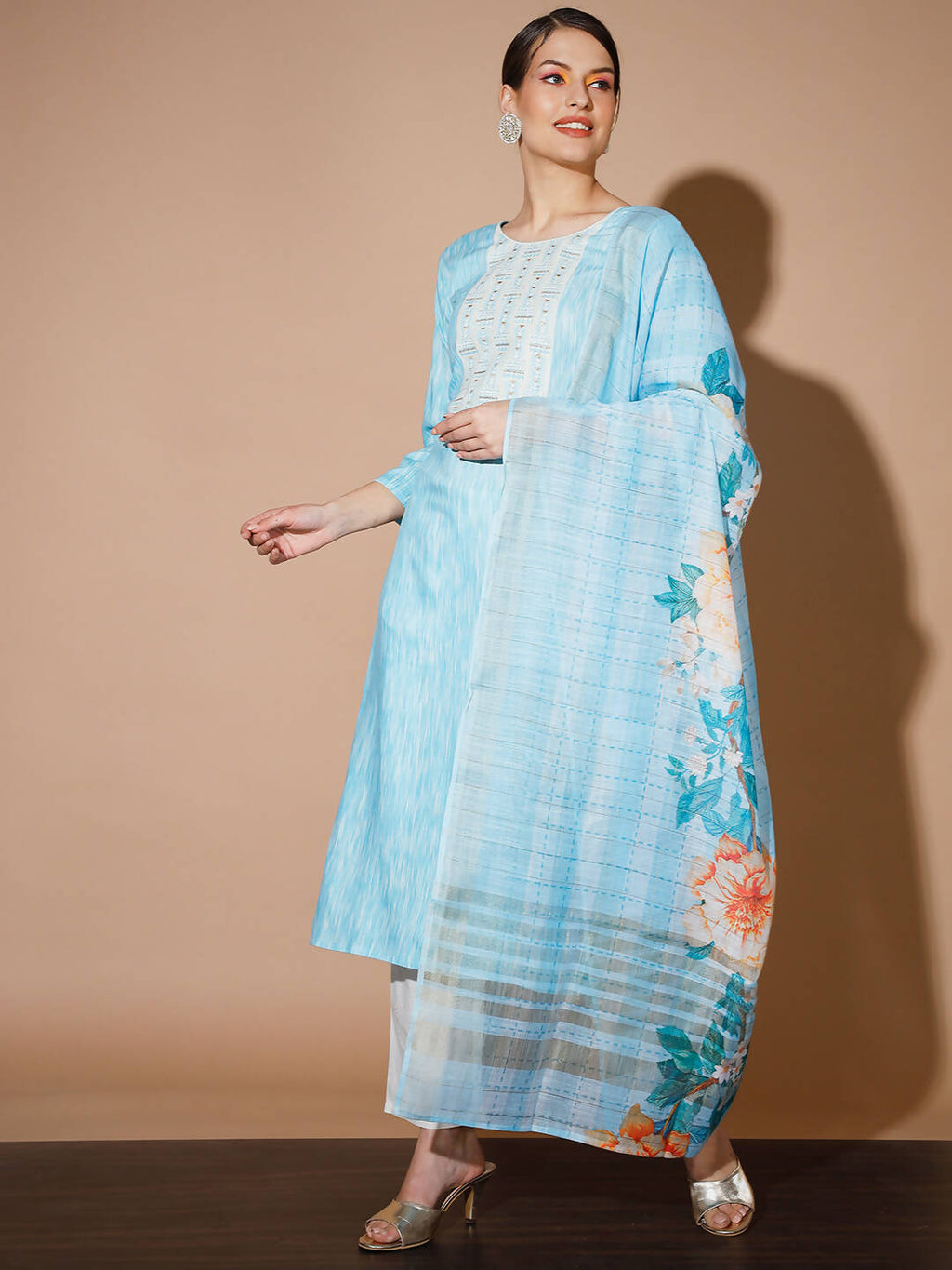 Myshka Women Blue Printed Kurta & Trousers With Dupatta
