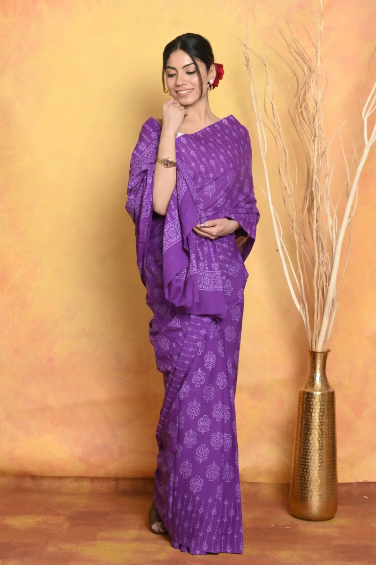 Very Much Indian Handblock Printed Cotton Saree With Natural Dyes - Purple
