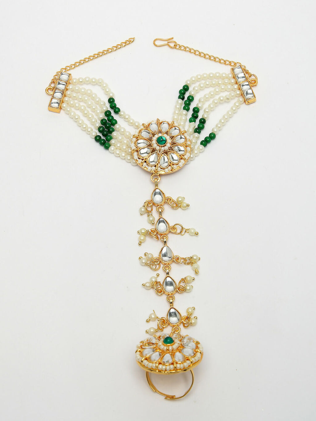 NVR Women's Green Gold-Polished Stone Studded Handcrafted Ring Bracelet
