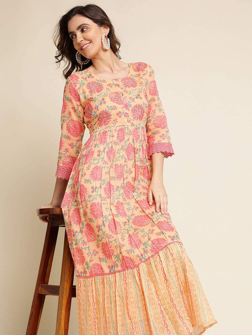 Peach Cotton Floral Printed Fit & Flare Dress - Yukti