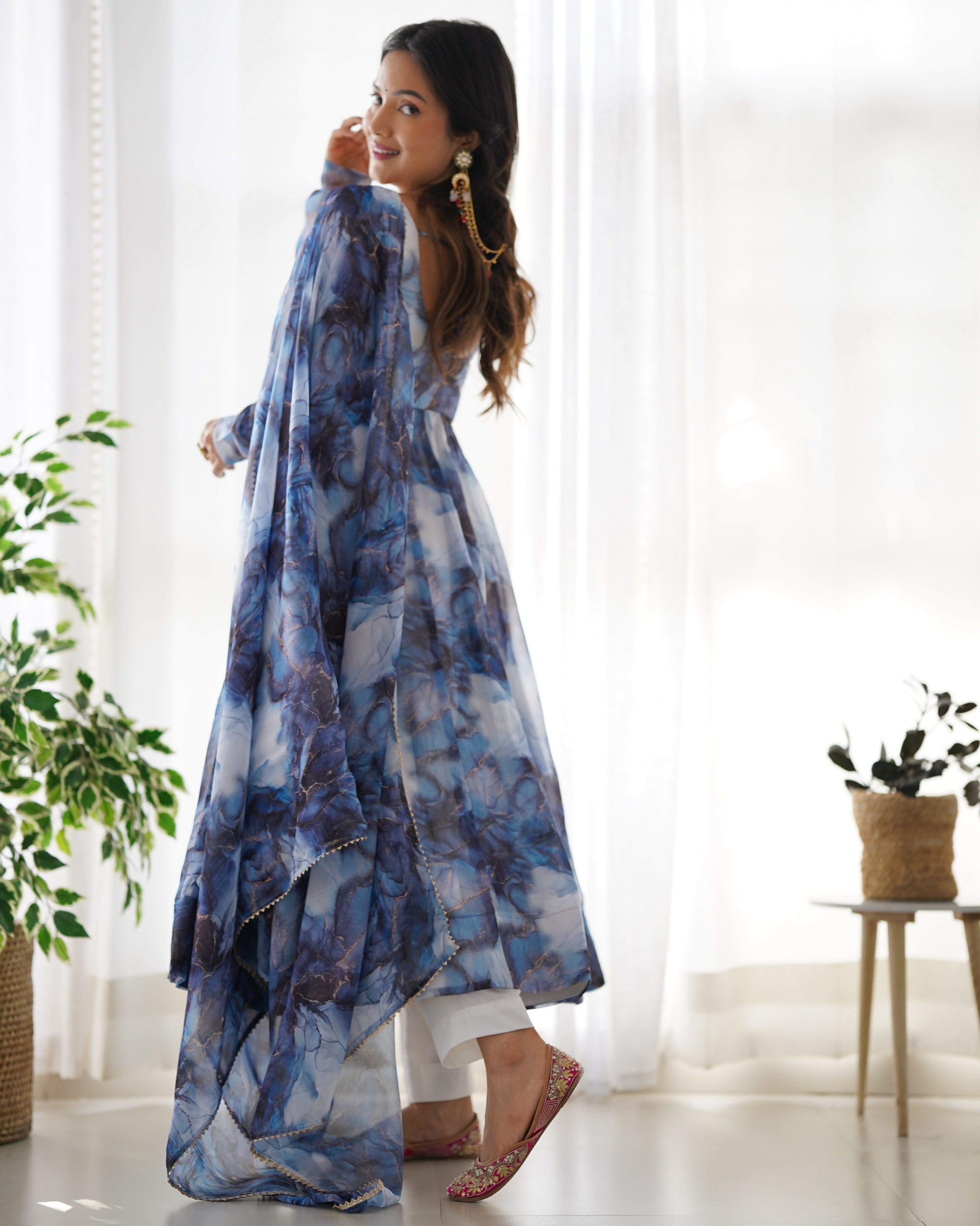 Joban Fashion Navy Blue Kurta Set Organza Sequin Embroidery Work