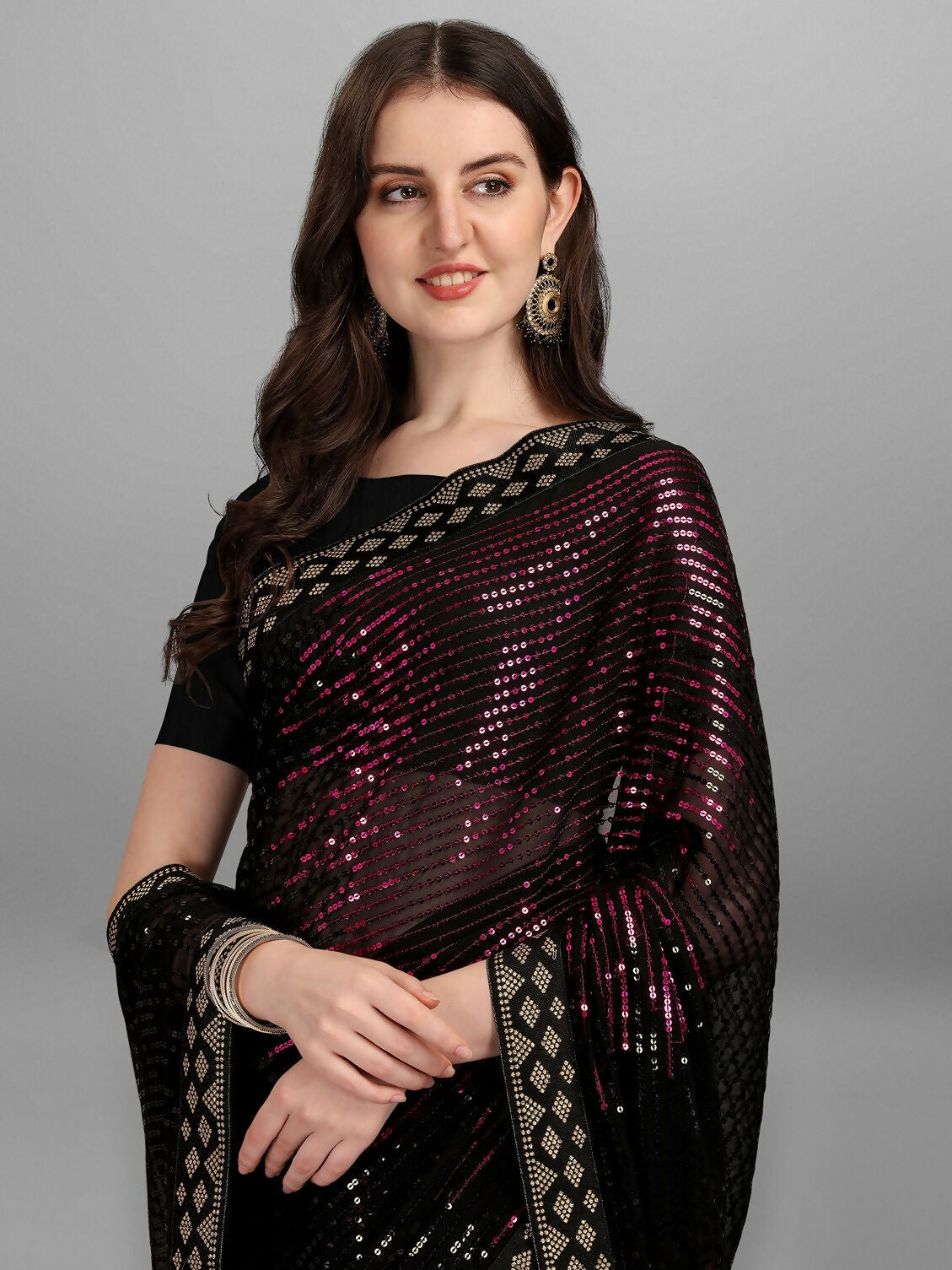 Vegaa Fashion Black Georgette Embroidered Party Wear Saree