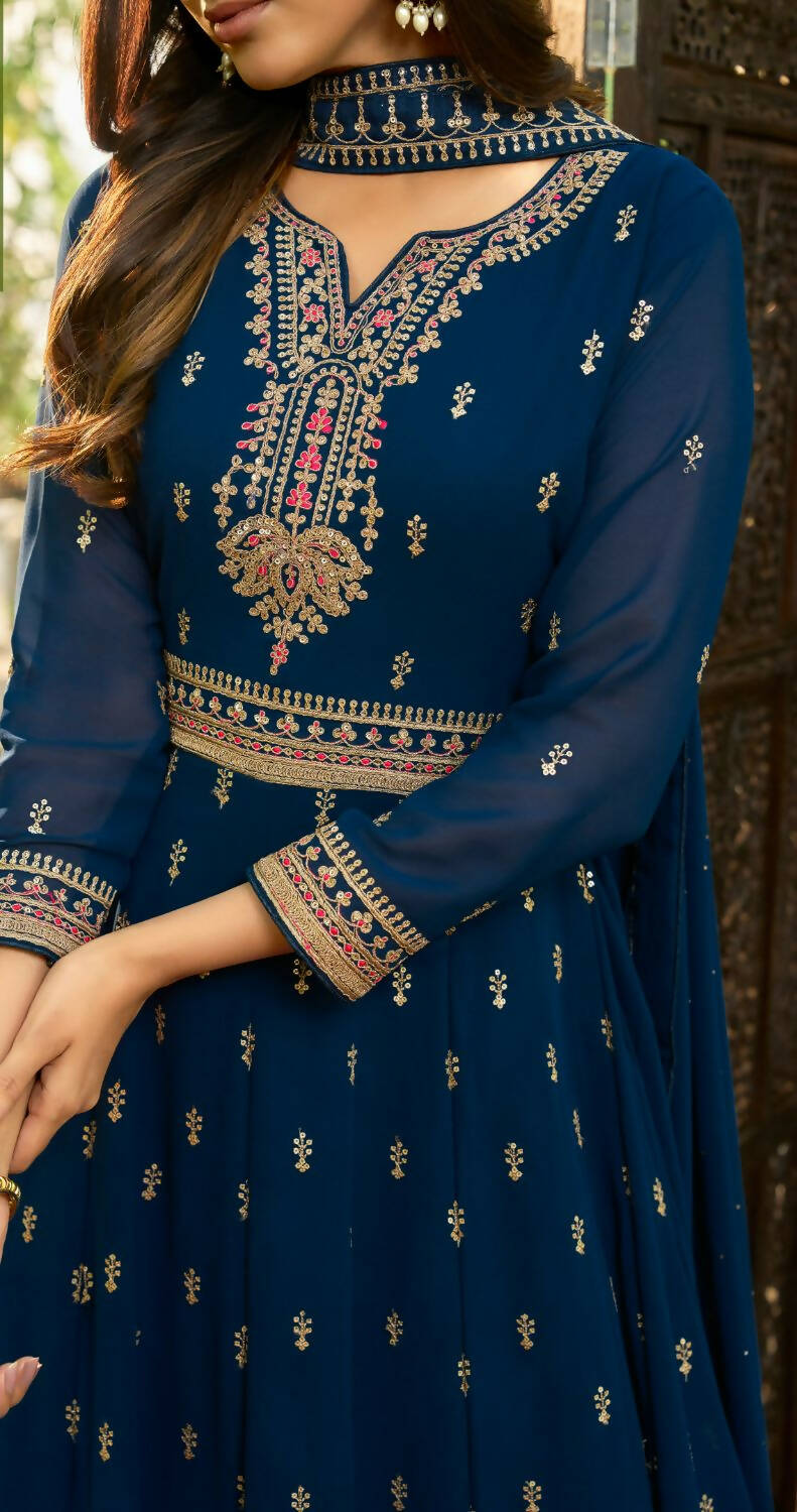 Blue Heavy Faux Georgette Anarkali Embroidered Kurta Set - Dhvani