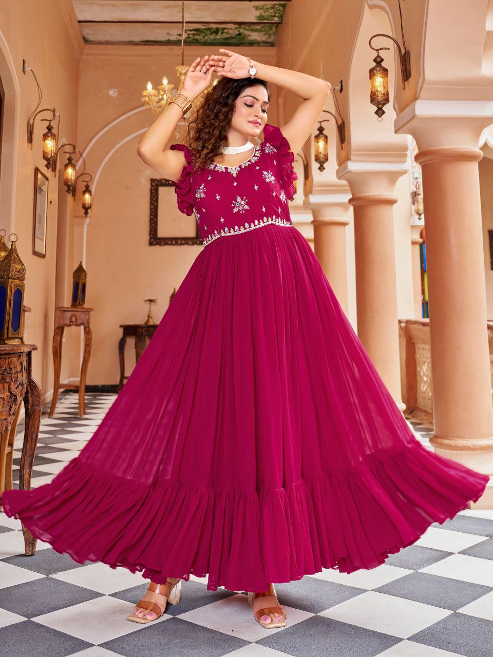 Prazu Fashion Rani Pink Georgette With Rich Zari-Sequins Embroidery Gown