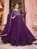 Prazu Fashion Purple Georgette Embroidered Zari Work Designer Gown With Dupatta