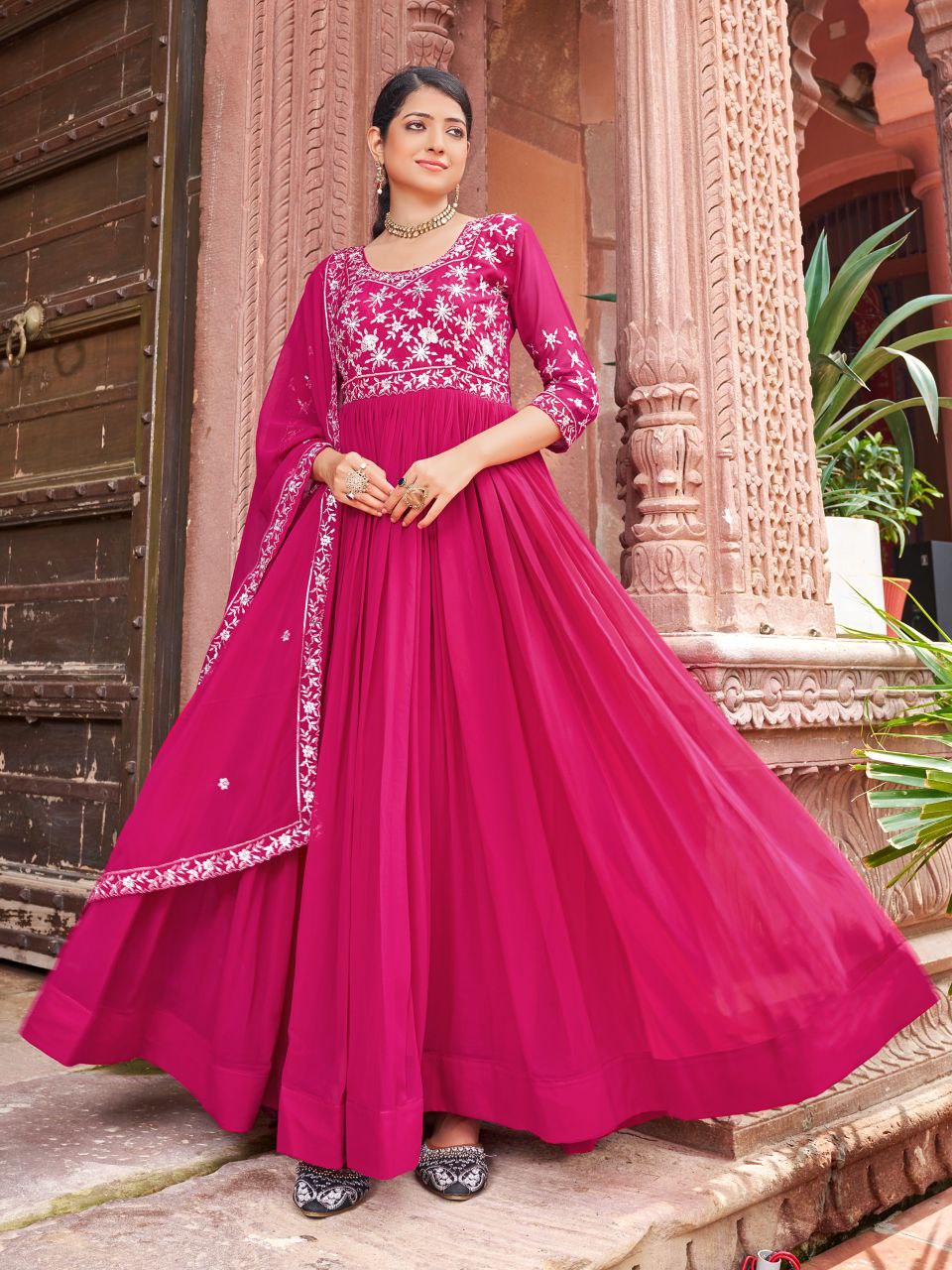 Prazu Fashion Rani Pink Georgette Embroidered Zari Work Designer Gown With Dupatta