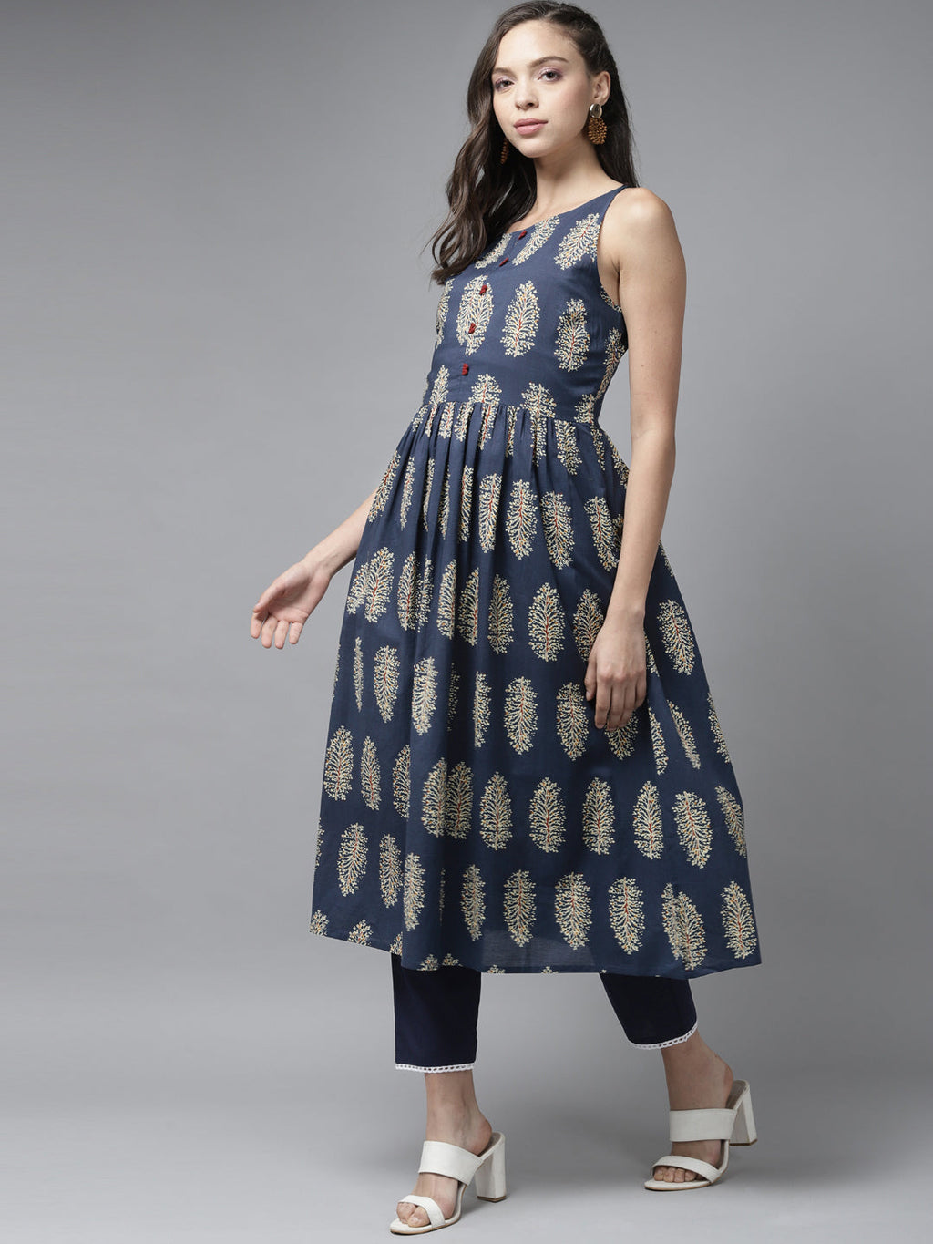 Indo Era Blue Floral Printed A-line Kurta