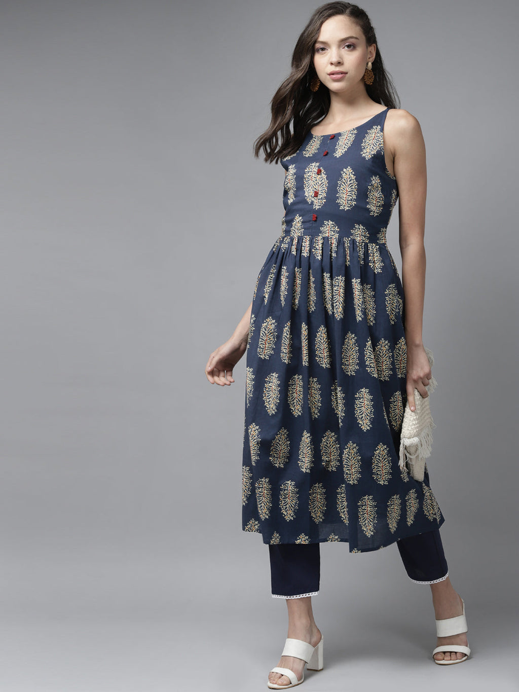 Indo Era Blue Floral Printed A-line Kurta