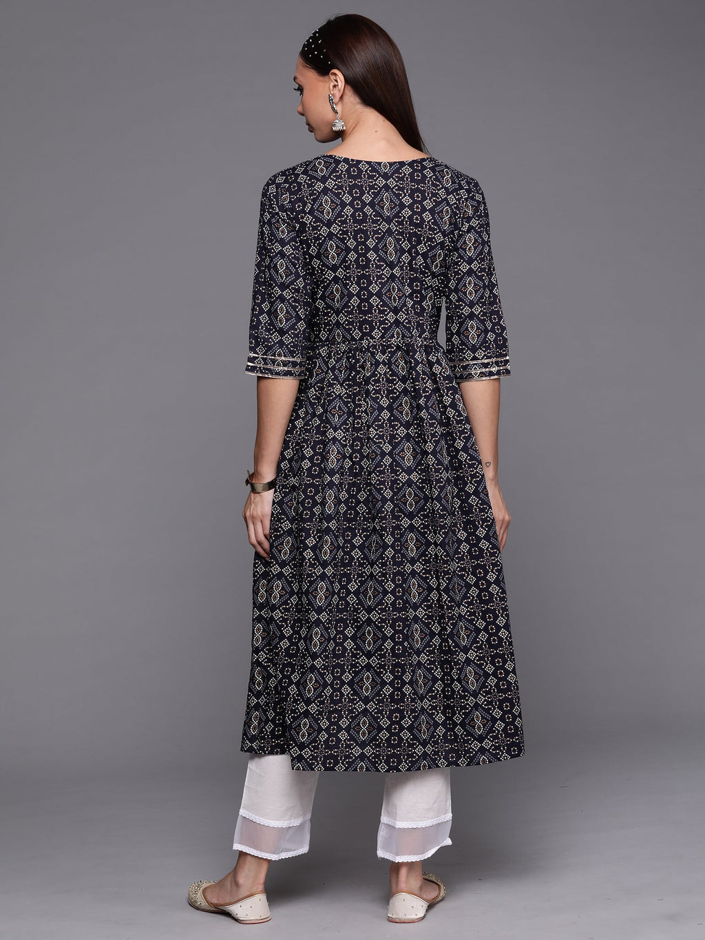 Indo Era Navy Blue Foil Printed A-line Kurta