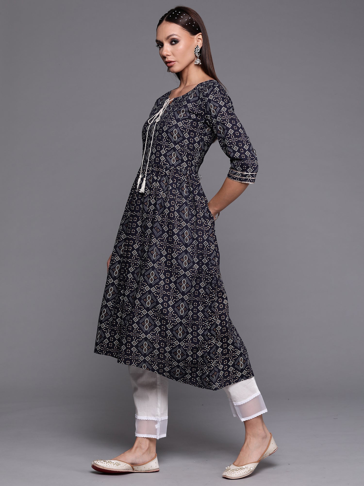 Indo Era Navy Blue Foil Printed A-line Kurta