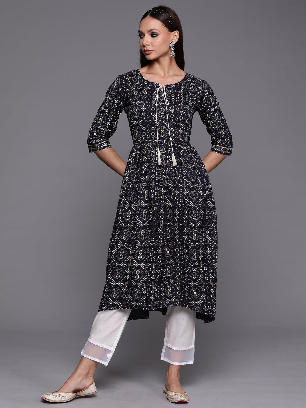Indo Era Navy Blue Foil Printed A-line Kurta