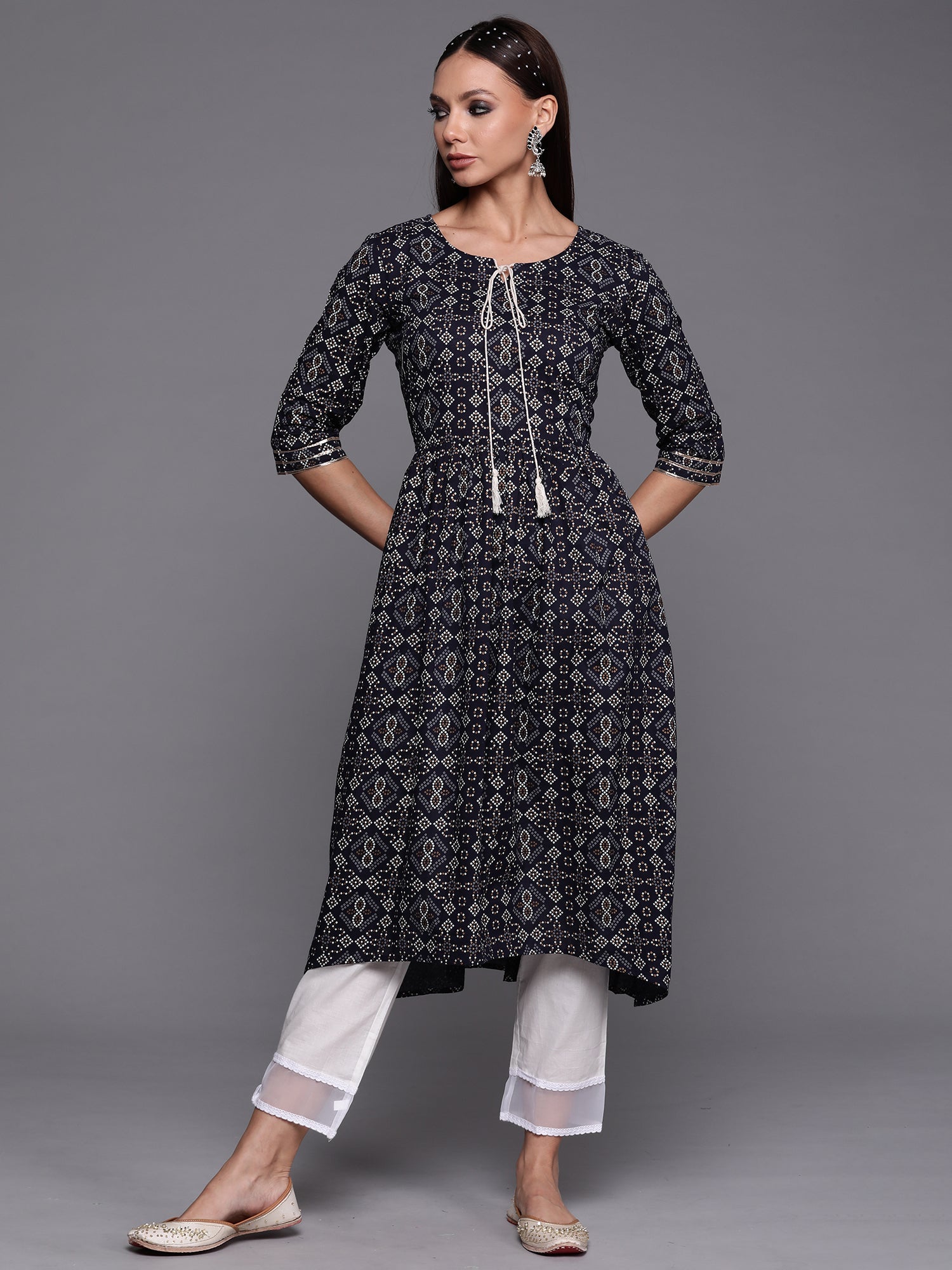 Indo Era Navy Blue Foil Printed A-line Kurta