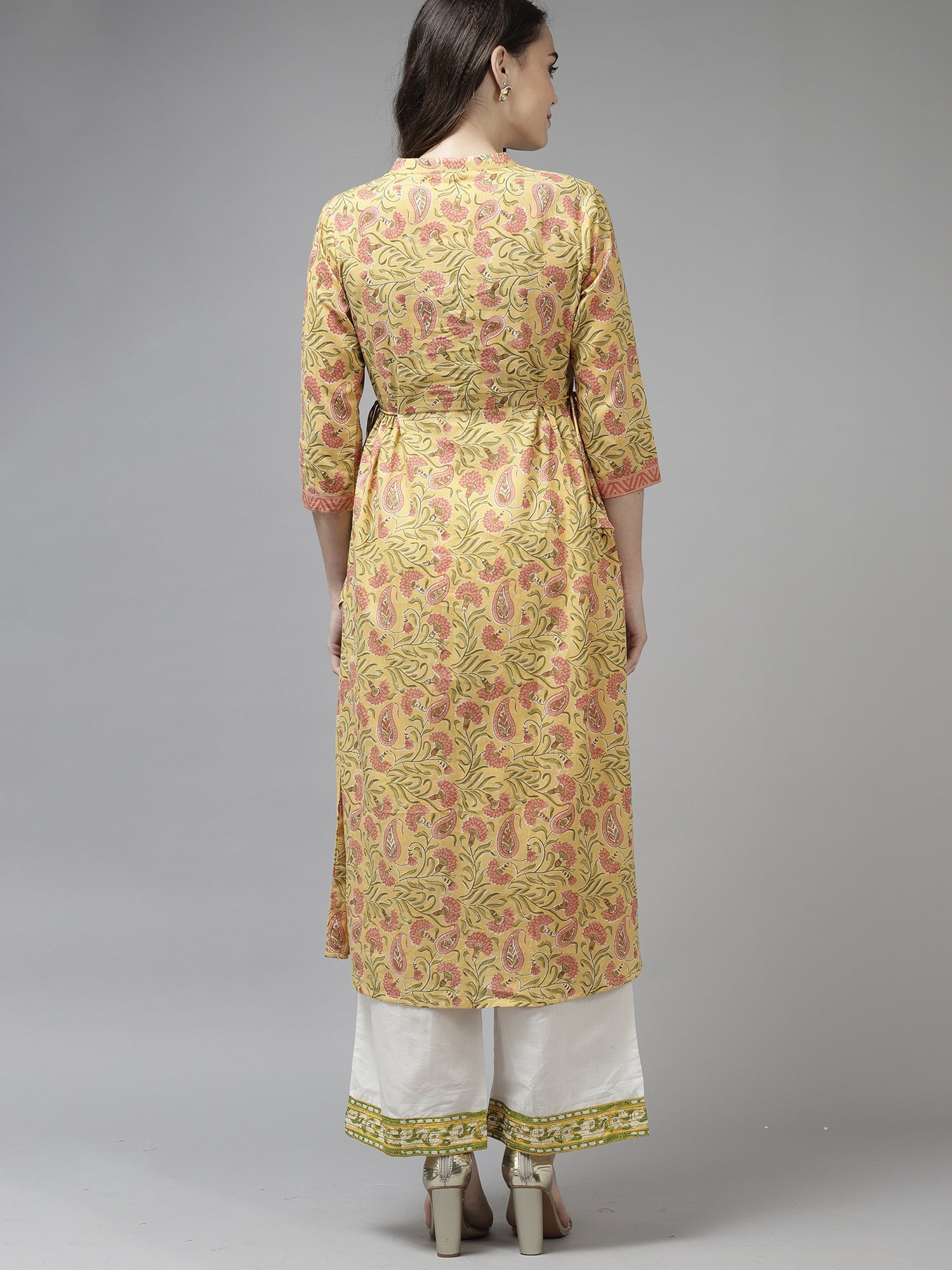 Indo Era Yellow Floral Printed A-line Kurta