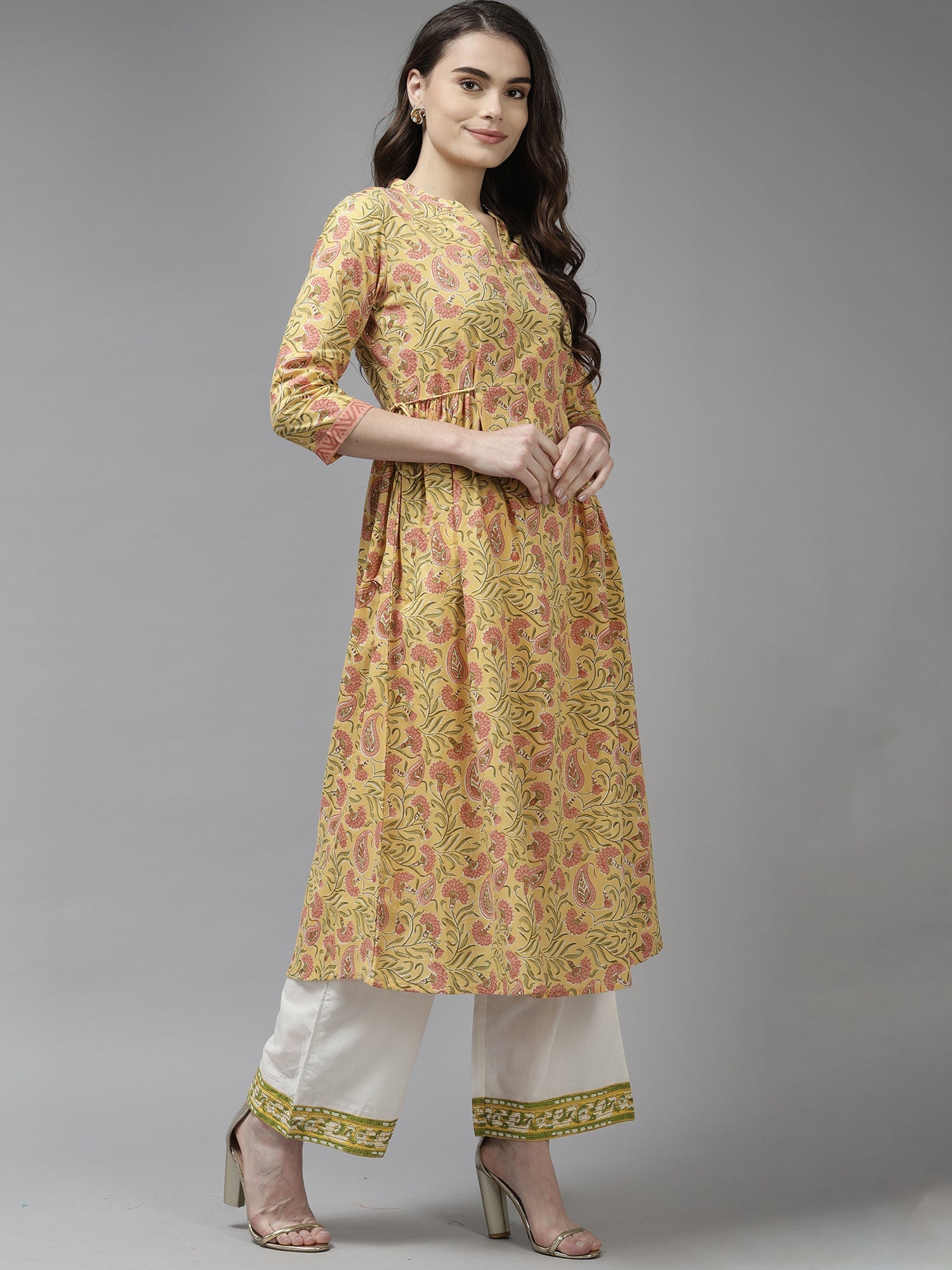 Indo Era Yellow Floral Printed A-line Kurta