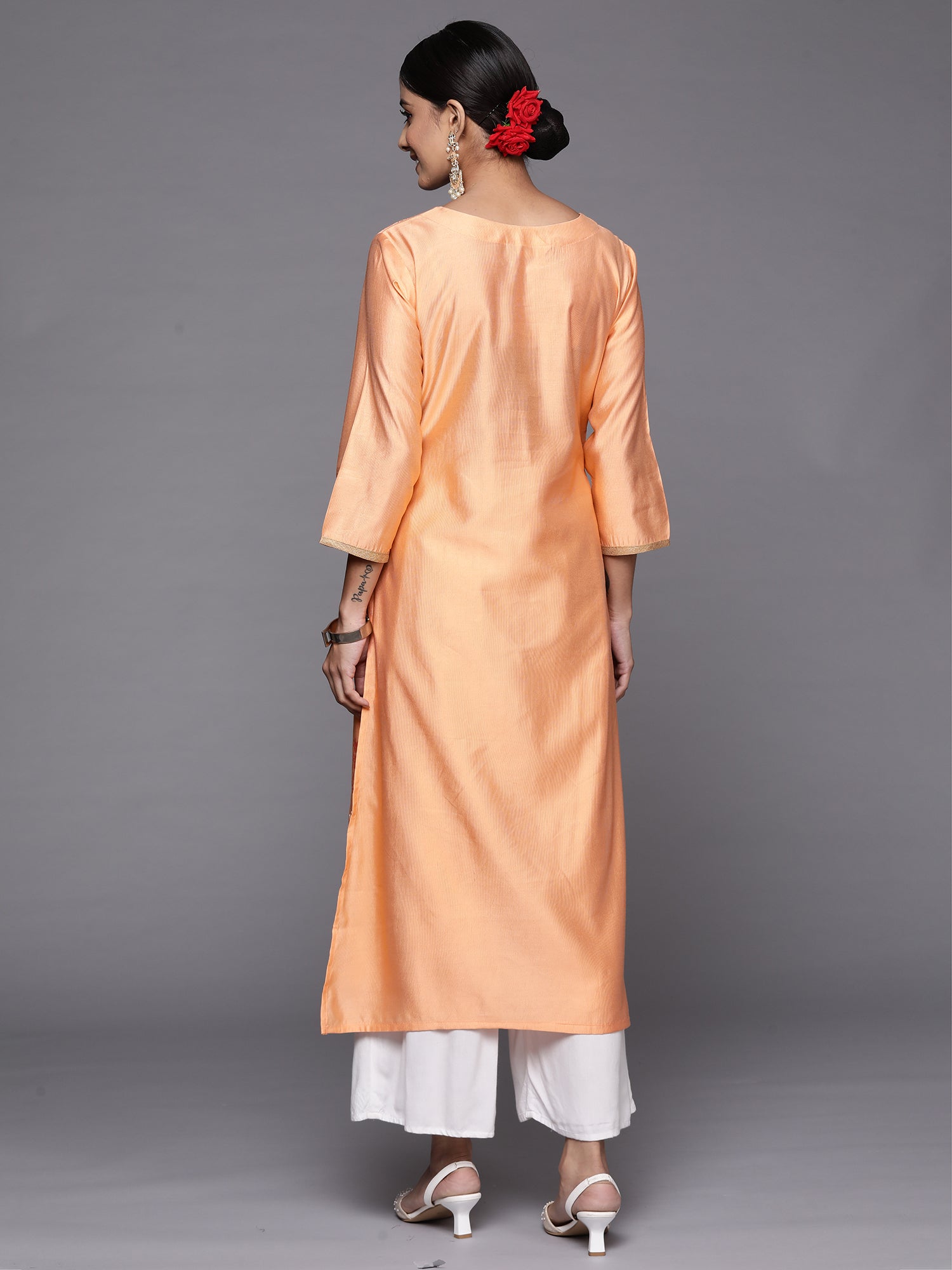 Indo Era Peach Printed Straight Kurta