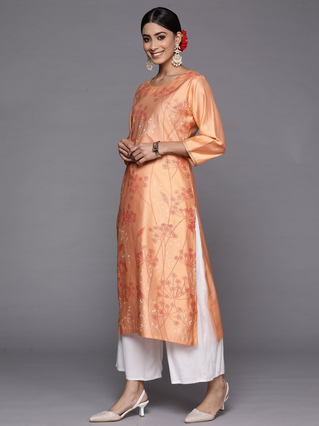 Indo Era Peach Printed Straight Kurta