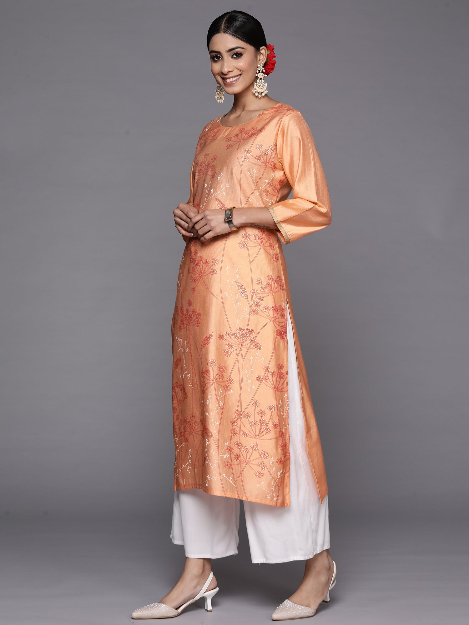 Indo Era Peach Printed Straight Kurta