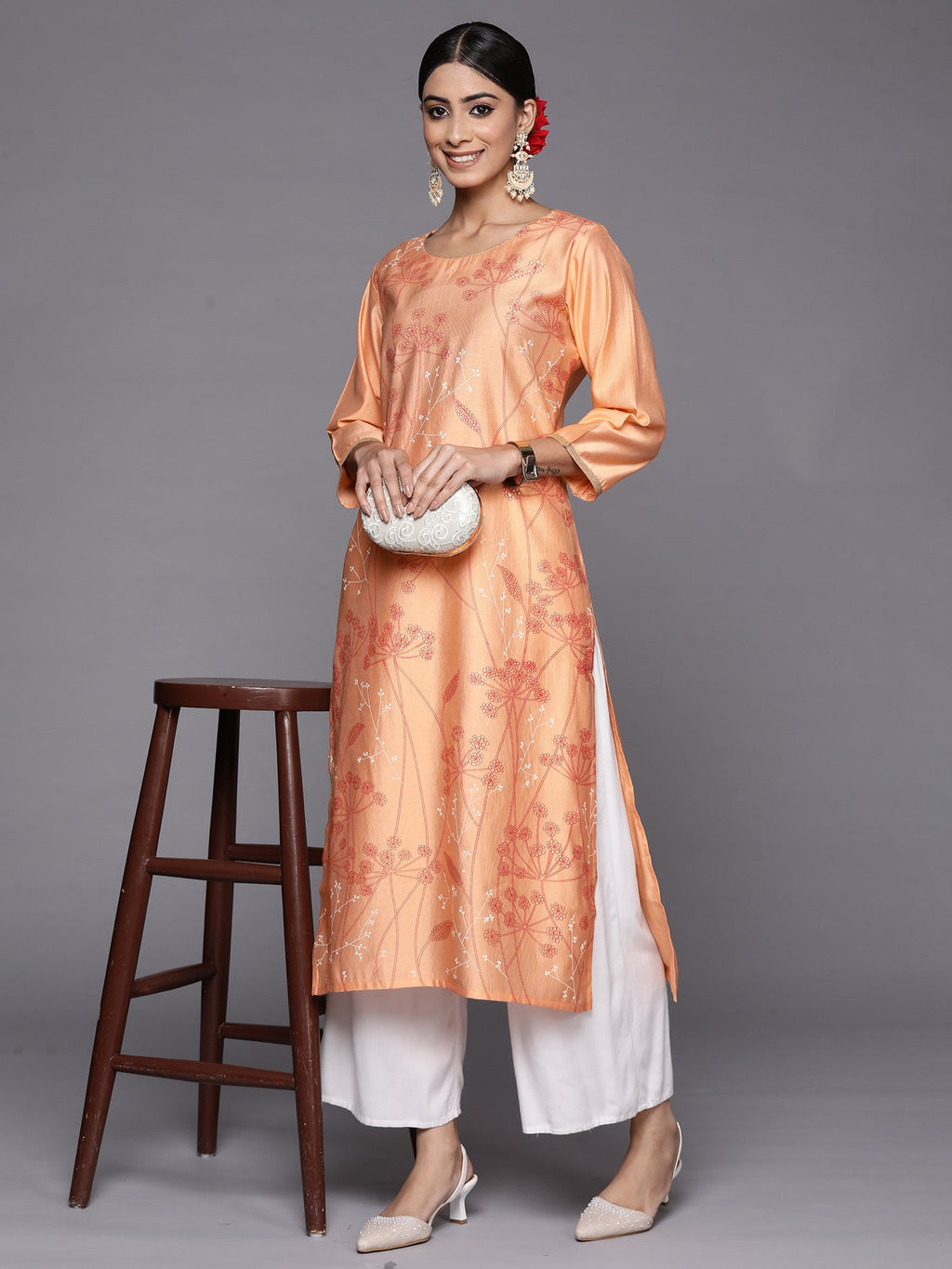 Indo Era Peach Printed Straight Kurta