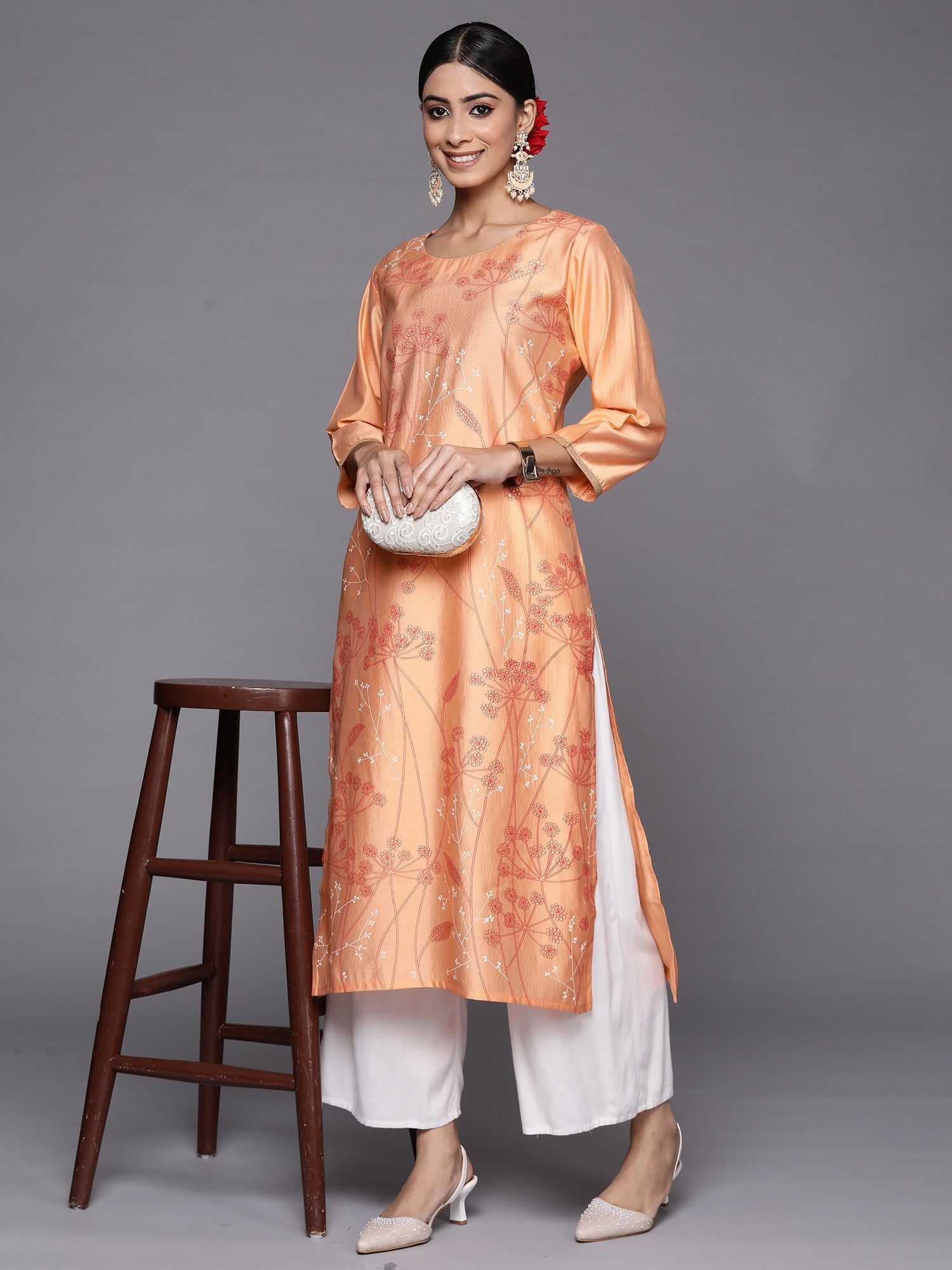 Indo Era Peach Printed Straight Kurta