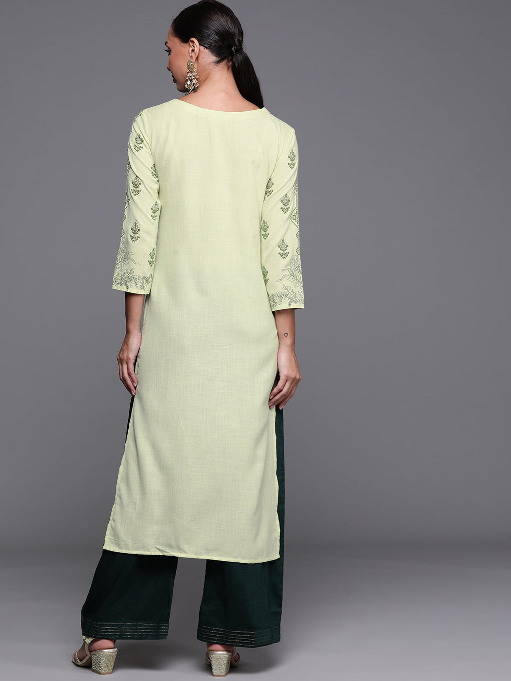 Indo Era Green Foil Printed Straight Kurta