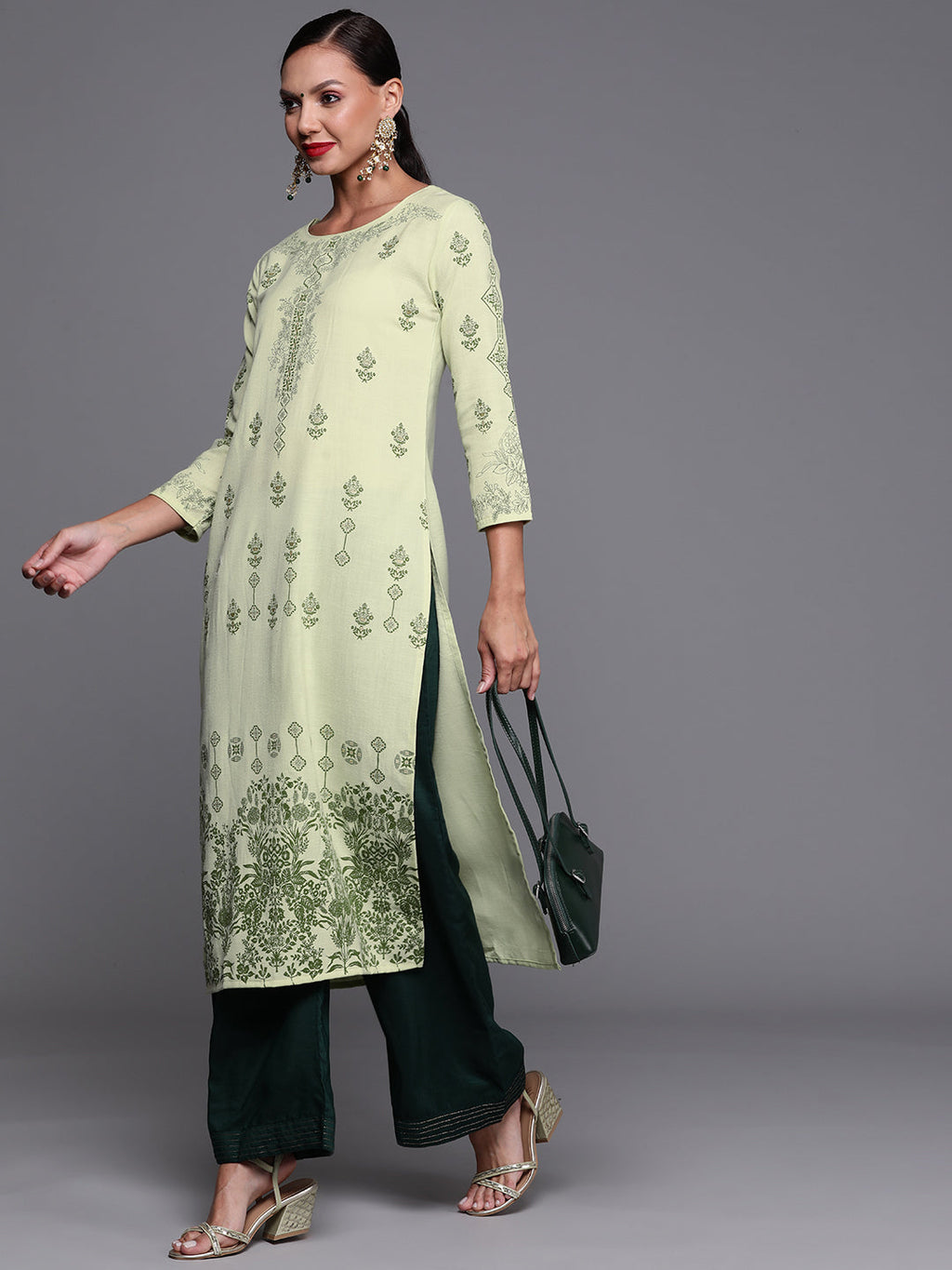 Indo Era Green Foil Printed Straight Kurta