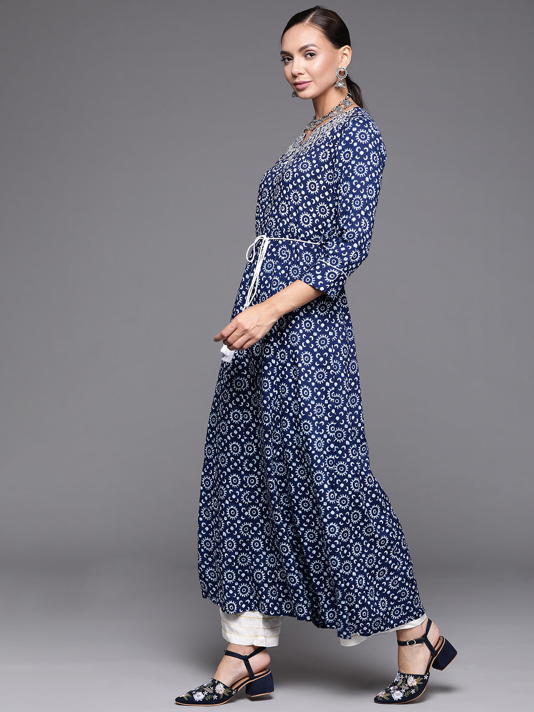 Indo Era Navy Blue Embroidered A-line Kurta