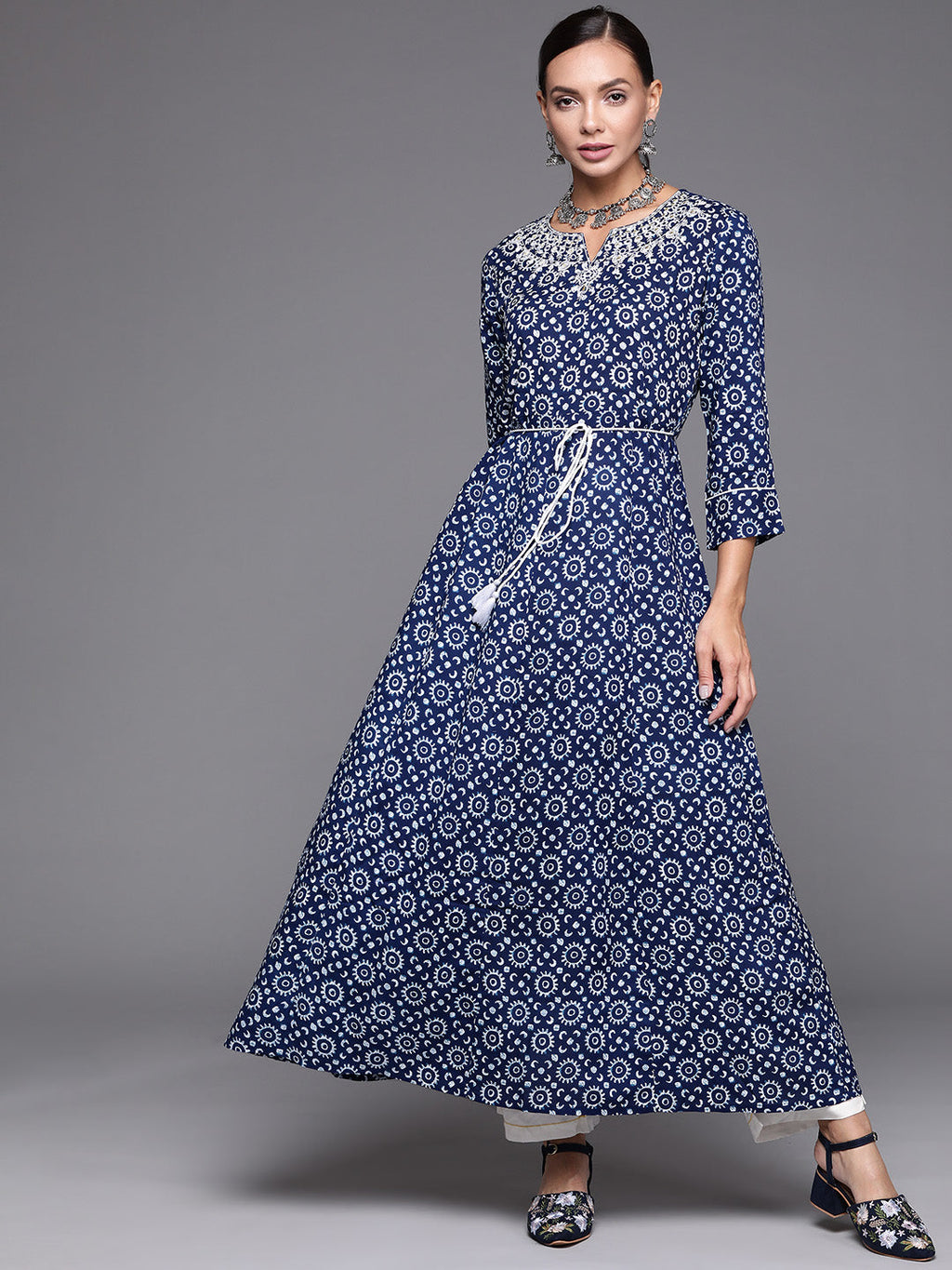 Indo Era Navy Blue Embroidered A-line Kurta