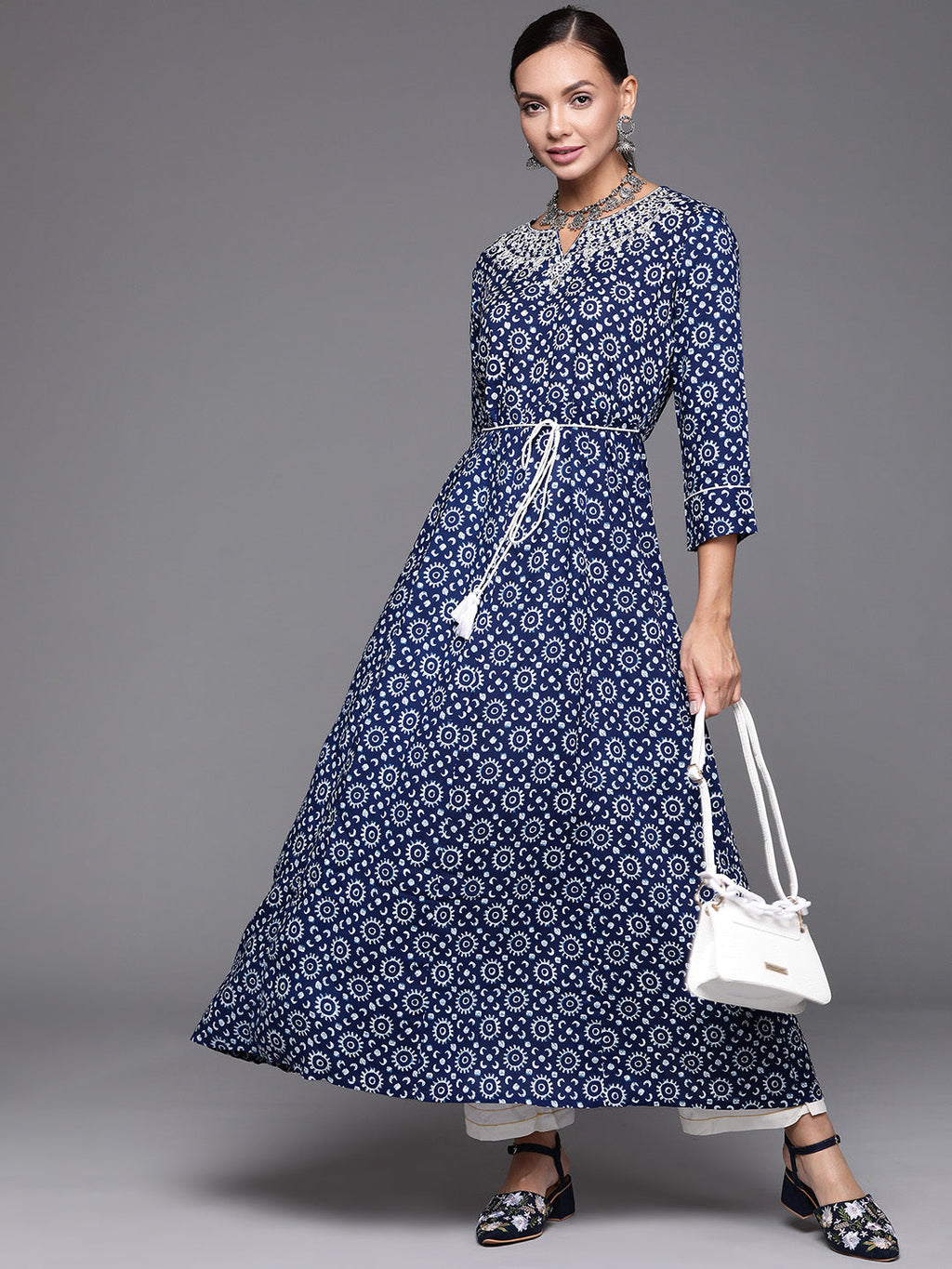 Indo Era Navy Blue Embroidered A-line Kurta