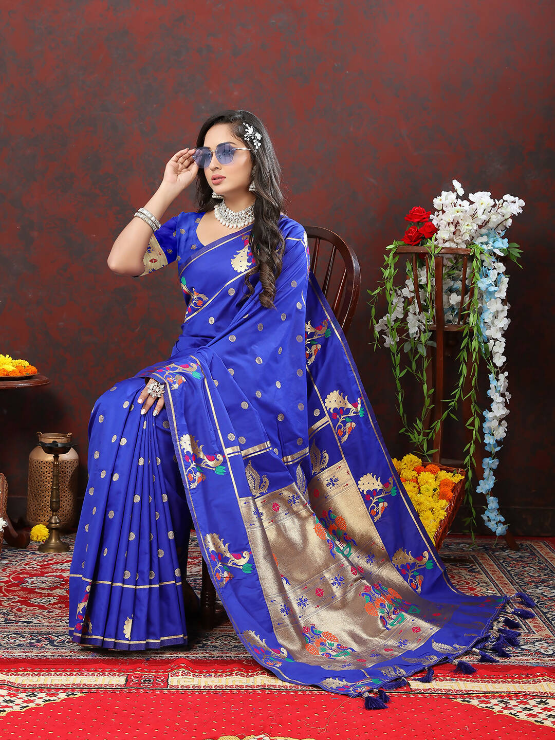 Lorenvalley Fashion Blue Soft Paithani Silk Woven Design Gold Zari Meenakari Weaving Saree