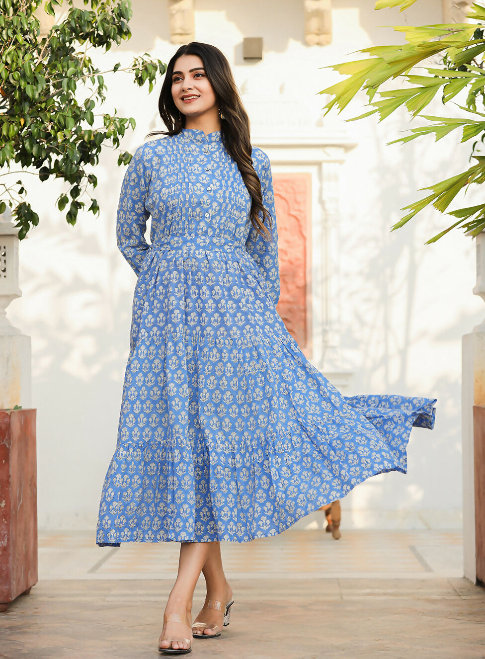 Kaajh Women's Blue Floral Handblock Print Cotton Dress