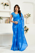 Vastranavya Blue Digital Printed Linen Ready To Wear Designer Saree with Unstitched Blouse
