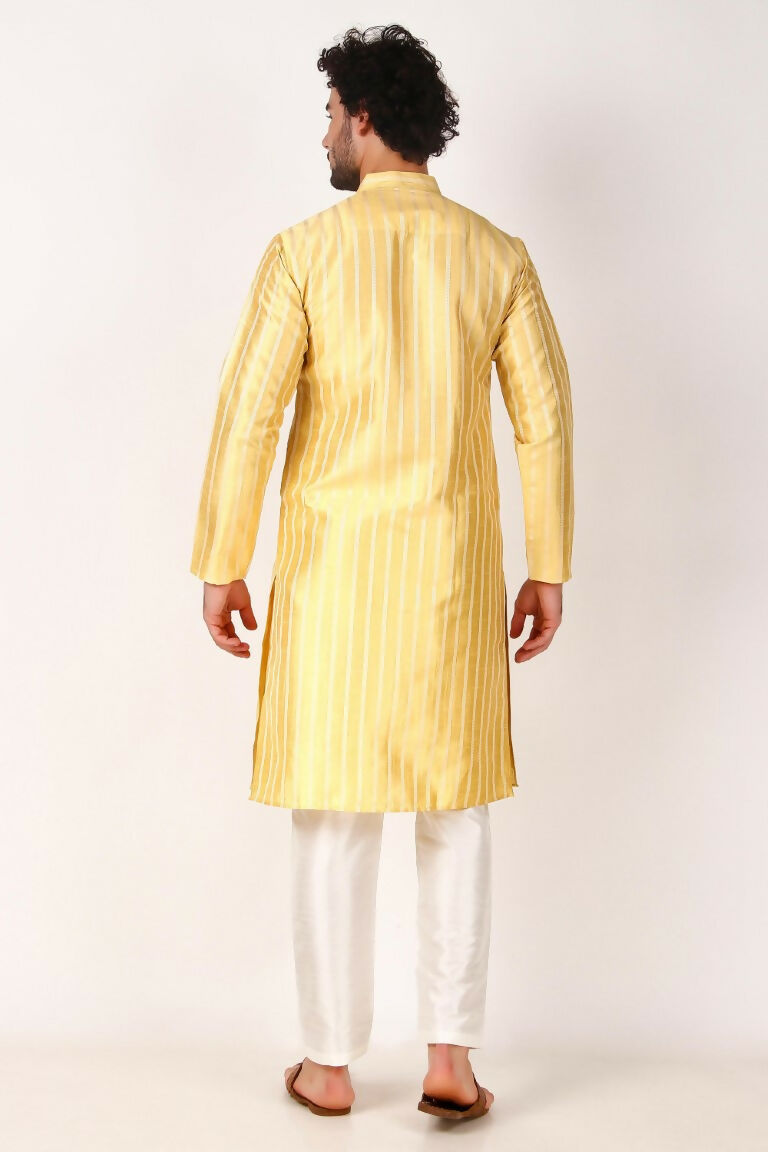 Lemon Art Silk Woven Designer Men's Rajwadi Kurta Set - Mahotsav