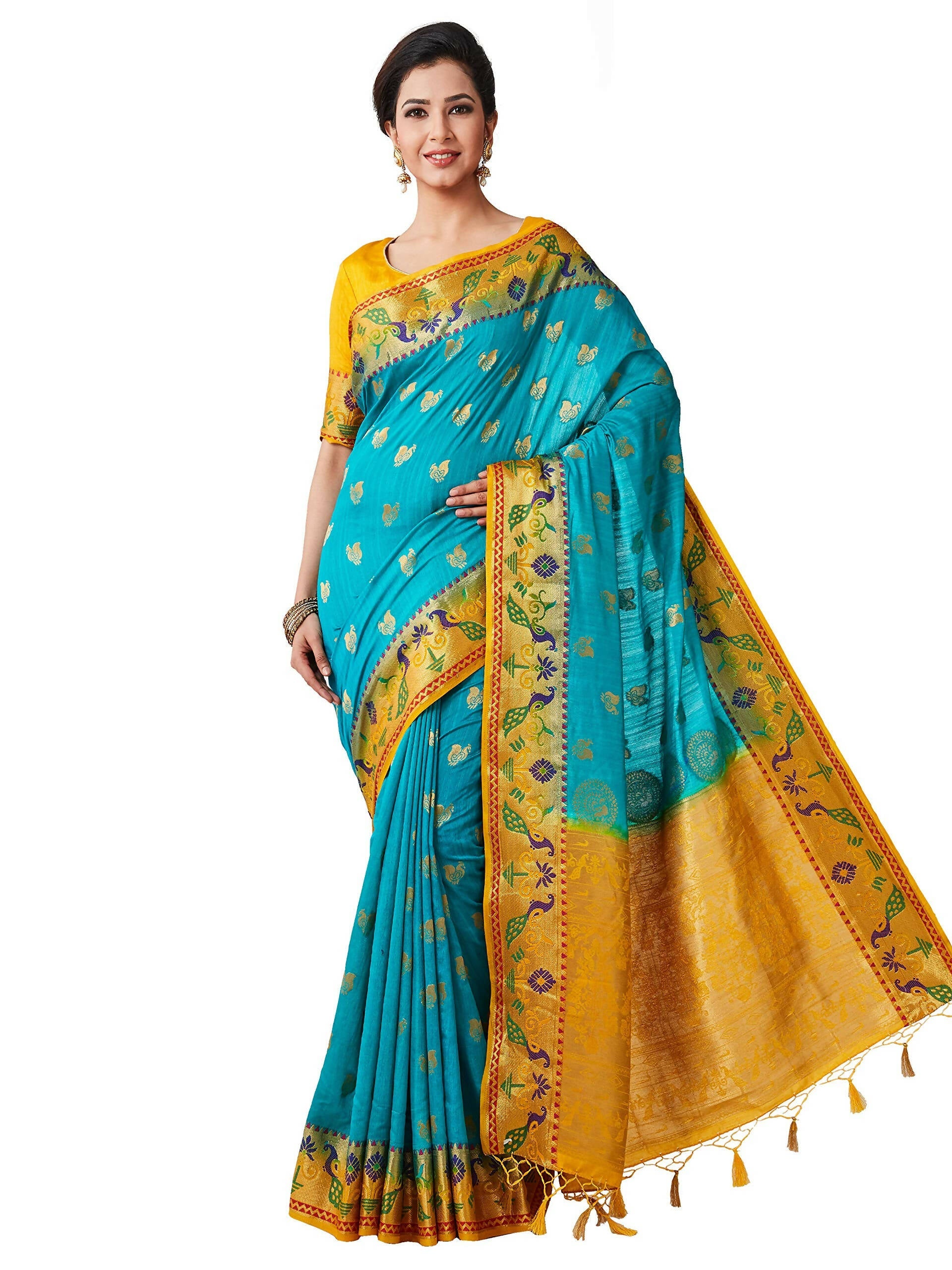 Mimosa Women's Turquoise Kanchipuram Silk Saree