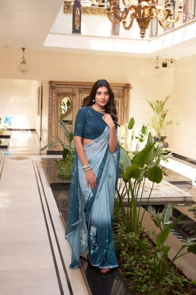 Vastranavya Rama Weightless Marble Printed & Trim Lace Border Saree with Unstitched Blouse