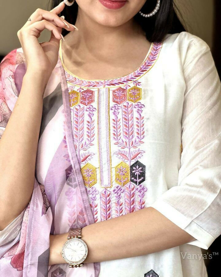 The52 Off White Women's Gorgeous Embroidered Viscose Chanderi Fabric Straight Kurta Pant with Dupatta Set