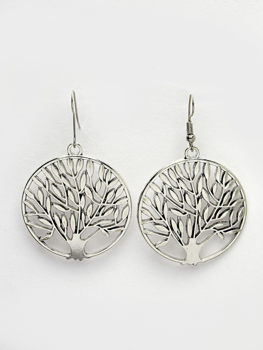 NVR Women's Silver-Toned Circular Shape German Silver Oxidised Drop Earrings