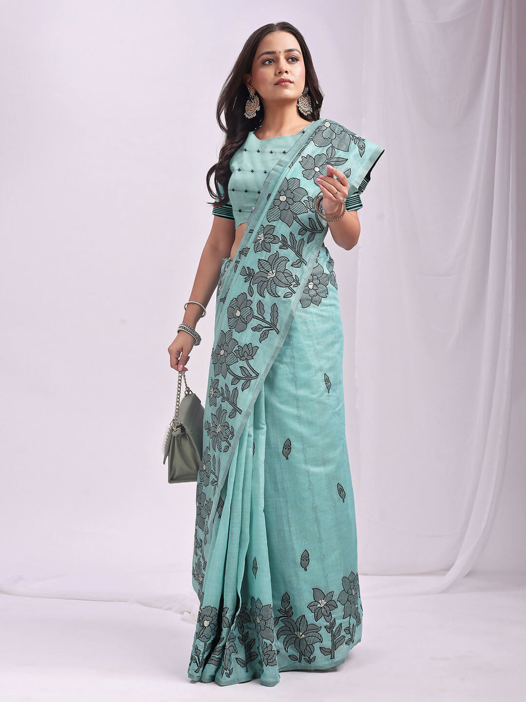 Shree Shyam Fashion Kashira Sea Green Linen Cotton Saree